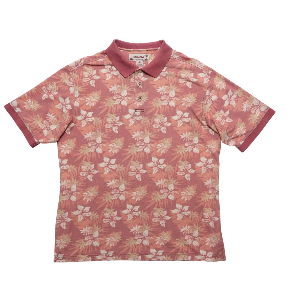 Summa Hawaiian Polo Shirt Mens Medium Red Hibiscus Tropical Aloha‎ Floral Print